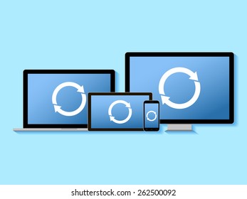 Electronic devices. Desktop computer, tablet pc, laptop, smartphone. Vector illustration