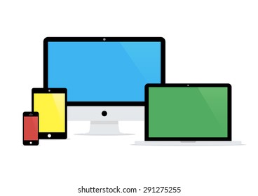Electronic Devices. Desktop Computer, Tablet Pc, Laptop, Smart Phone. 
Flat Style.  Vector Illustration.