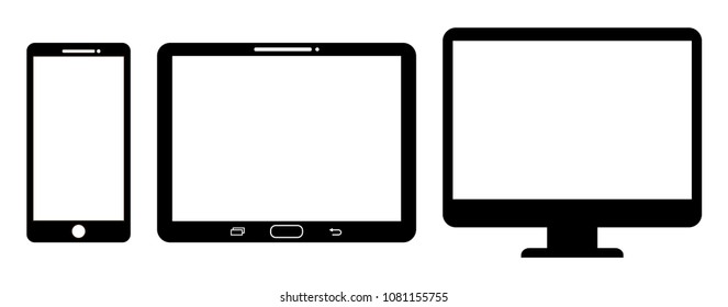 Electronic devices. Device Icons - smartphone, tablet, laptop and desktop computer. Responsive design laptop, tablet and smartphone screen icon for apps and websites