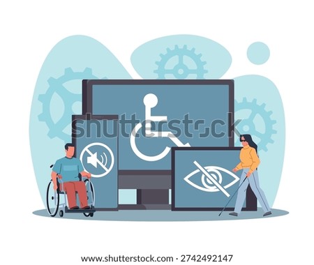 Electronic devices for disabled. Paralyzed people with motor problems, communication accessibility, man on wheelchair, inclusive interface design and equal access cartoon flat isolated vector concept