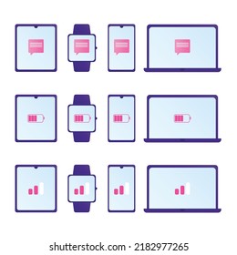 Electronic devices in flat design. Vector set of computers, phones and smart watches isolated on white backdrop 