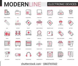 Electronic devices flat line icon vector illustration set. Red black computer game accessories and kitchen appliances collection of outline electronically symbols for gadget or kitchenware store