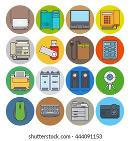 Electronic devices flat line icons. Web camera and laptop, projector and printer vector icons