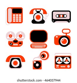 Electronic devices flat vector icons isolated on a white background. Red, black and grey images.