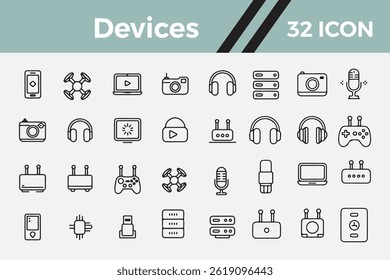 Ícones de linha de dispositivos e gadgets eletrônicos