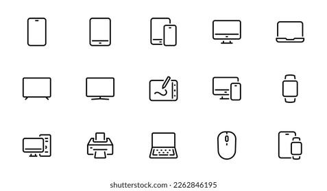 Dispositivos electrónicos y gadgets relacionados píxeles perfectos iconos de contorno conjunto ilustración vectorial.