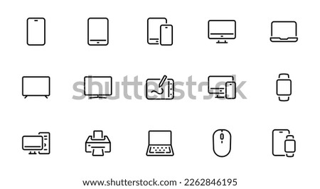 Electronic devices and gadgets related pixel perfect outline icons set vector illustration.