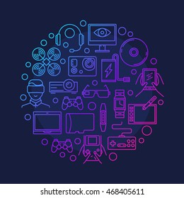 Electronic devices and gadgets symbol. Vector round colorful outline gadget sign on dark blue background