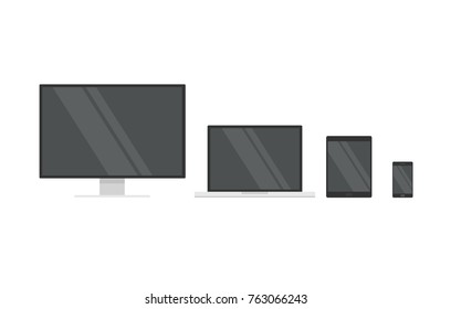 Electronic devices with glossy black, shiny blank screens isolated on white background. Tablet, mobile smart phone, laptop, pc monitor. Vector illustration