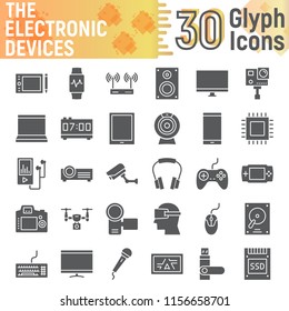 Electronic devices glyph icon set, media symbols collection, vector sketches, logo illustrations, digital signs solid pictograms package isolated on white background, eps 10.