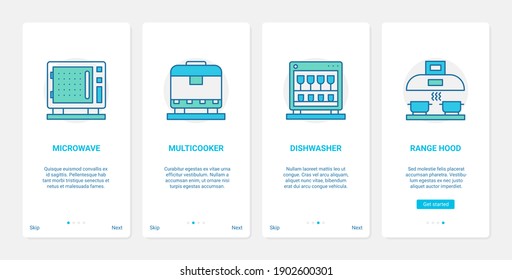 Electronic devices for home kitchen modern technology vector illustration. UX, UI onboarding mobile app page screen set with line microwave oven multicooker dishwasher extractor cooker hood symbols