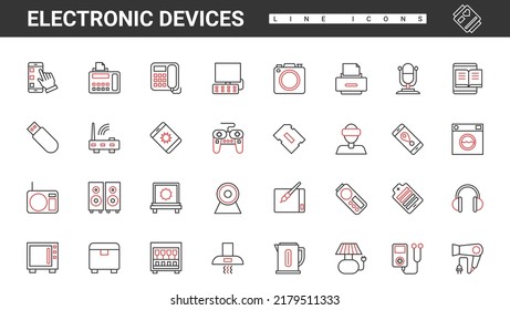 Electronic devices for home and office thin red and black line icons set vector illustration. Abstract simple smart photo, music and game modern equipment and appliances, computers and phones