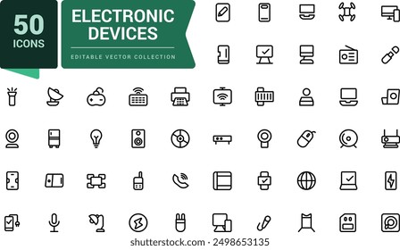 Electronic Devices icon pack. Set of outline icons related to computer. Minimalist thin linear web ui icon set. Simple editable vector stroke illustration.