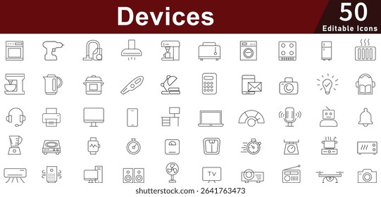 Electronic Devices Icon Set - 50 Editable Technology Gadget Icons for Smart Home, Mobile Apps and Digital Equipment Vector Pack