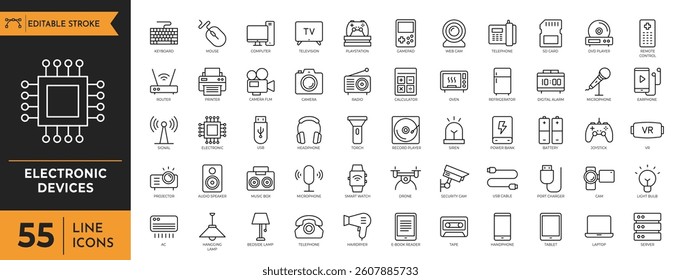 Electronic Devices icon set. containing Computer, Microchip, Power Bank, Graphic Tablet, Telephone, Cctv Camera, and more. vector illustration