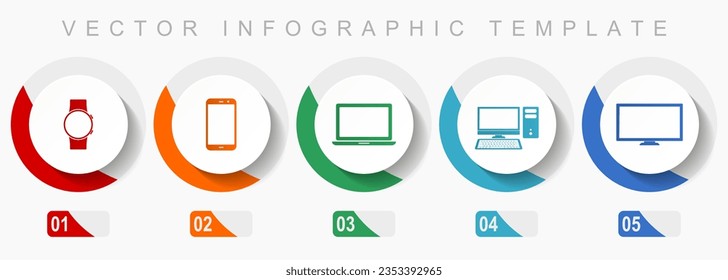 Electronic devices icon set, miscellaneous icons such as smartwatch, smartphone, laptop, computer and tv, flat design vector infographic template, web buttons in 5 color options