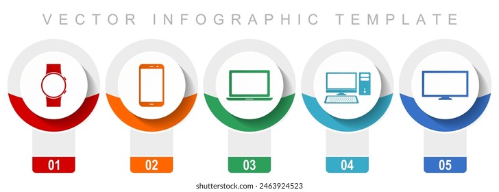 Electronic devices icon set, miscellaneous vector icons such as smartwatch, smartphone, laptop, computer and tv, modern design infographic template, web buttons in 5 color options