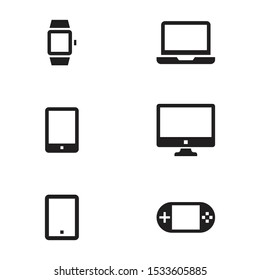 electronic devices icon set. smart watch, laptop computer, monitor, tablet computer, game pad black and isolated vector illustration