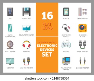 Electronic devices icon set. Smartphone, laptop, camera, printer, cpu, server. Information technology concept. Can be used for topics like hardware, smart technology, data communication