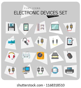 Electronic devices icon set. Smartphone, laptop, camera, printer, cpu, server. Information technology concept. Can be used for topics like hardware, smart technology, data communication
