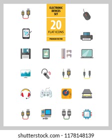 Electronic devices icon set. Smartphone, laptop, camera, printer, cpu, server. Information technology concept. Can be used for topics like hardware, smart technology, data communication
