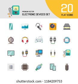 Electronic devices icon set. Smartphone, laptop, camera, printer, cpu, server. Information technology concept. Can be used for topics like hardware, smart technology, data communication