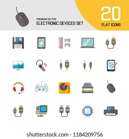 Electronic devices icon set. Smartphone, laptop, camera, printer, cpu, server. Information technology concept. Can be used for topics like hardware, smart technology, data communication
