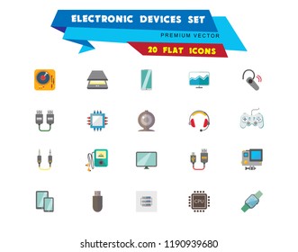Electronic devices icon set. Smartphone, laptop, camera, printer, cpu, server. Information technology concept. Can be used for topics like hardware, smart technology, data communication