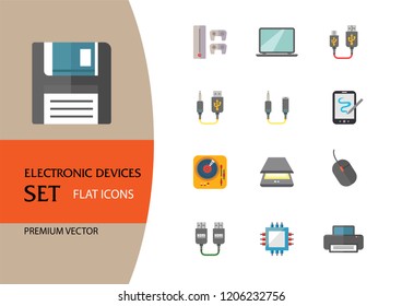Electronic devices icon set. Smartphone, laptop, camera, printer, cpu, server. Information technology concept. Can be used for topics like hardware, smart technology, data communication
