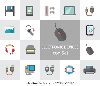 Electronic devices icon set. Smartphone, laptop, camera, printer, cpu, server. Information technology concept. Can be used for topics like hardware, smart technology, data communication