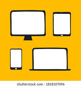 Electronic devices icons: computer display, laptop, tablet, smartphone. Different resolutions, screen sizes, responsive design. Flat outline UI set element on yellow