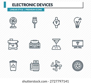 conjunto de ícones de dispositivos eletrônicos - ventilador elétrico, adaptador sem fio usb, smartband, tv inteligente, coleção de vetores de contorno de turbina.