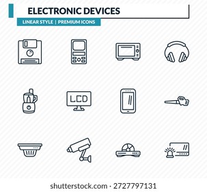 conjunto de ícones de dispositivos eletrônicos - disquete, pesagem, forno de convecção, soprador de folhas, alarme contra roubo esboço coleção de vetor.