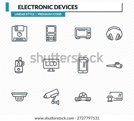 electronic devices icons set - floppy, weighing, convection oven, leaf blower, burglar alarm outline vector collection.
