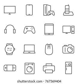 Electronic devices icons set . Gadgets and household appliances. Vector linear icon.  Line with Editable stroke