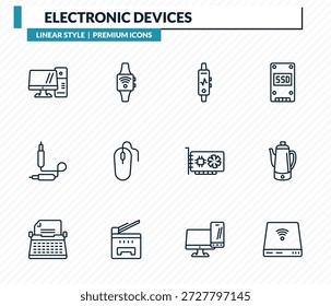 electronic devices icons set - personal computer, smartwatch, activity tracker, pertor, drive outline vector collection.