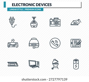 electronic devices icons set - plug, humidifier, photo camera, electronic, battery outline vector collection.