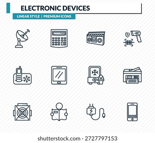 elektronische Geräte Icons Set - Satellitenschüssel, Taschenrechner, Boombox, Drucker, Handy Kontur Vektorsammlung.