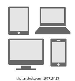 Electronic Devices Icons With White Blank Screens. Smartphones Tablets Computer Monitor Laptop. Vector illustration