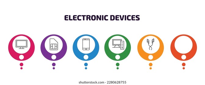 electronic devices infographic template with icons and 6 step or option. electronic devices icons such as lcd, lisa, sim, phones, personal computer, earphones vector. can be used for banner, info