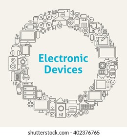 Electronic Devices Line Art Icons Set Circle. Vector Illustration of Technology and Gadgets Objects.