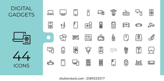 Electronic Devices line icon. Containing watch, screen, notebook, web, digital, desktop, phone and more. Thin icon. Editable stroke. Vector illustration.