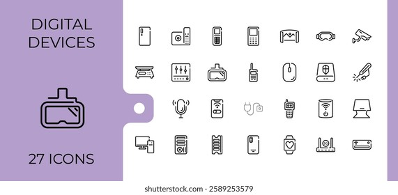 Electronic Devices line icon. Containing watch, screen, notebook, web, digital, desktop, phone and more. Thin icon. Editable stroke. Vector illustration.