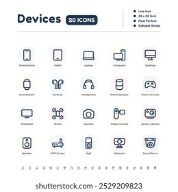 Electronic Devices Line Icon Set – Pixel Perfect Editable Stroke Vector Design