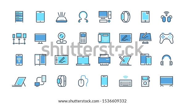 Electronic\
devices line icons. Desktop computer, laptop and smart gadgets\
outline pictograms. Vector illustration technology wearable mobile\
devices set with digital technology\
screen