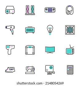 Juego de iconos de línea de dispositivos electrónicos, colección de símbolos de vector de contorno, paquete de pictogramas de estilo lineal. Señales, ilustración del logotipo. Set incluye iconos como consola de gamepad, auriculares, monitor de ordenador, cámara