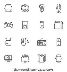 Electronic devices line icons set, outline vector symbol collection, linear style pictogram pack. Signs, logo illustration. Set includes icons as gamepad controller, computer keyboard, usb car charger