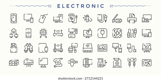 Conjunto de iconos lineales de Dispositivos Electrónicas. Paquete de iconos mínimos de equipo. Conjunto de pictograma de línea. Conjunto de iconos Electrónicas. Arte e ilustración.