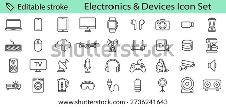 Electronic devices linear icon set Editable stroke . Smart devices, electronics, gadgets, technology, computer, tech, smartphone, tablet, TV, camera, speaker, laptop, vector icon set. UI thin line icon pack.