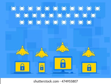 Electronic devices with lock symbol on their screens and military airplanes against viruses creative vector concept. Security software for computer, laptop, tablet, phone. Protection graphic design.